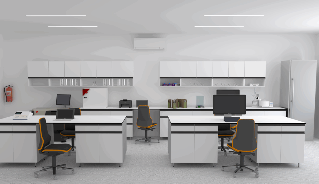 Szolgáltatások 28 Professzionális laboratóriumi munkatér modern laborbútorokkal, tárolóegységekkel és ergonomikus székekkel.