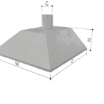 Falra szerelhető horganyzott acél elszívó ernyő méretezett 3D modellje – W, D, H, C paraméterek