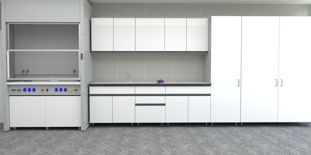 Modern laboratóriumi berendezés vegyifülkével, alsó-felső szekrényekkel és nagyméretű tárolószekrénnyel.